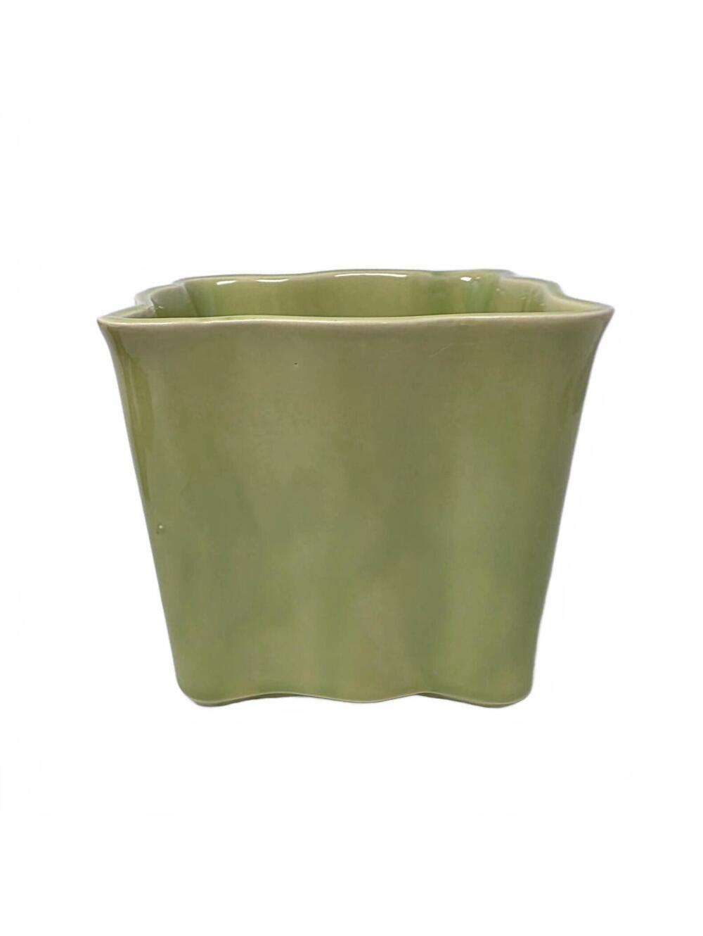 Vintage Avocado Green Ceramic Planter Wavy Square MCM Pottery